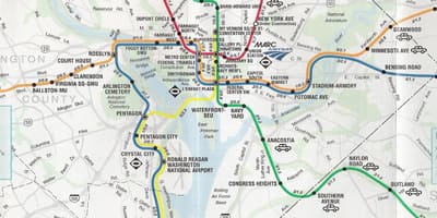 Vašingtone gatvių žemėlapis su metro stotys